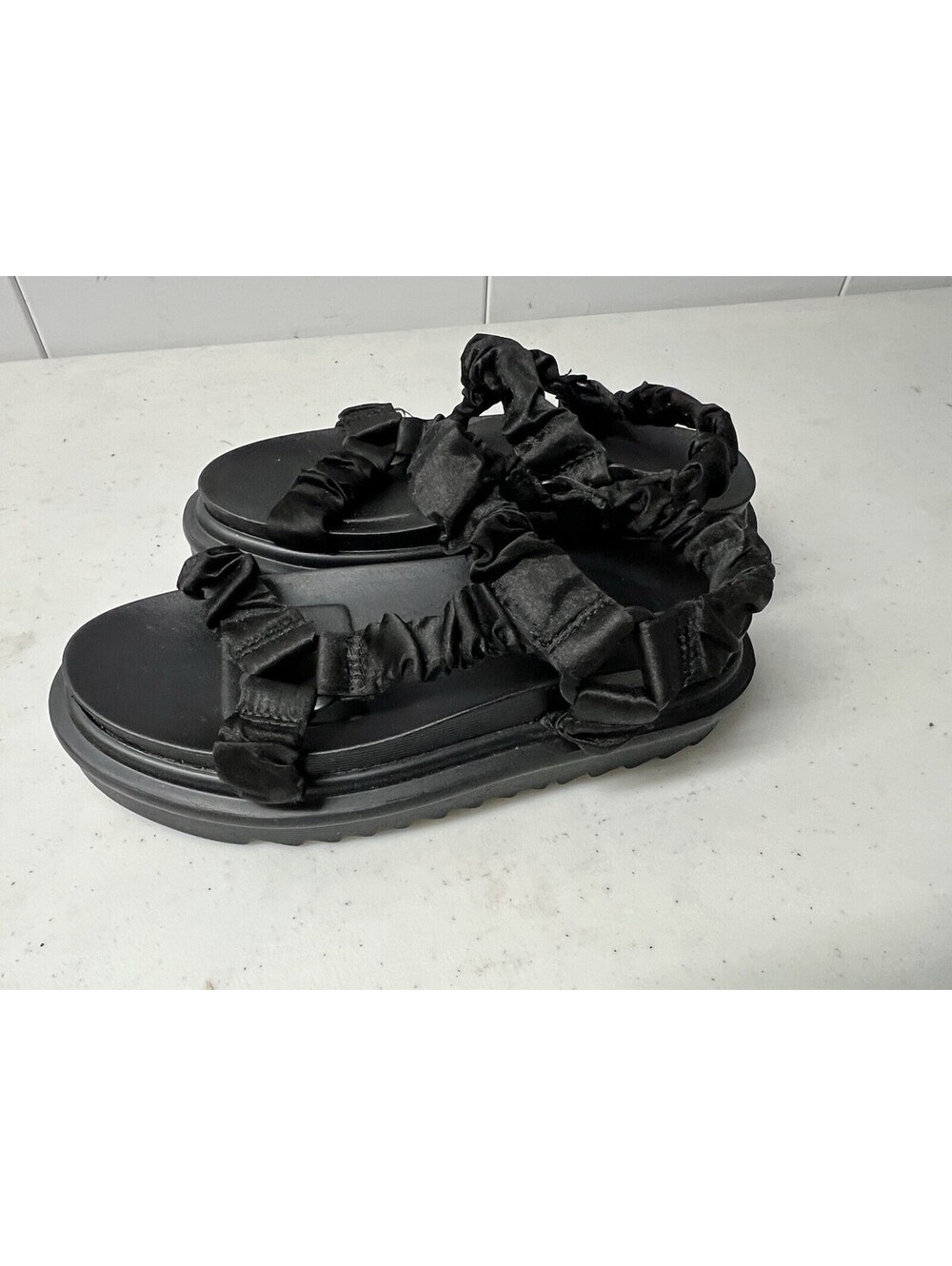 BLACK SATIN RUCHED SPORTS STRAP CHUNKY SANDALS